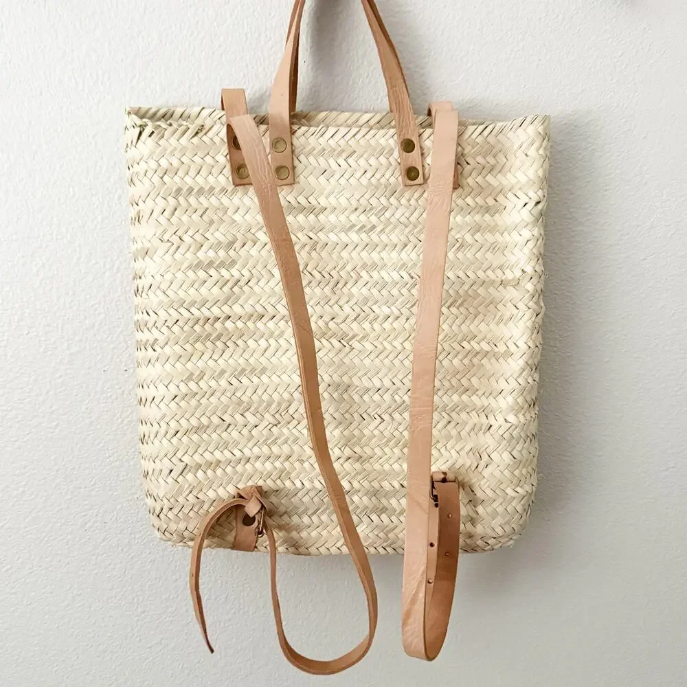 BOUTIQUE | Rattan Woven Wicker Basket Style Backpack Tote Bag Leather Straps - Picture 4 of 7